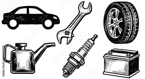 Car repair and maintenance tools and parts collection sketch
