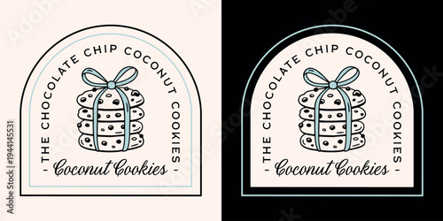 Coconut chocolate chip cookies flavor logo label homemade vegan flour sugar flavored packaging design. Cookie stack with bow outline drawing retro vintage aesthetic bakery illustration sticker print.