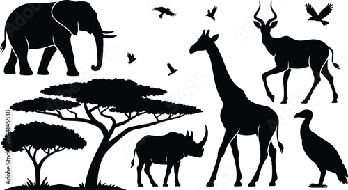 African safari wildlife silhouettes with elephant, giraffe, rhinoceros, antelope, birds and acacia trees, savanna nature animals illustration