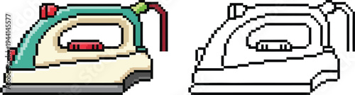 Pixel art illustration of a household steam iron in teal, red, and beige, alongside its black and white outline version.