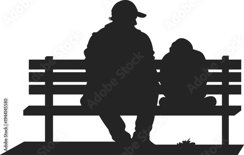 Father and child sitting on park bench silhouette, family bonding moment, parenting love, outdoor parenting lifestyle illustration