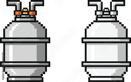 Two pixel art illustrations of industrial gas cylinders or beverage kegs, depicted in a retro 8-bit style with grey and white tones.