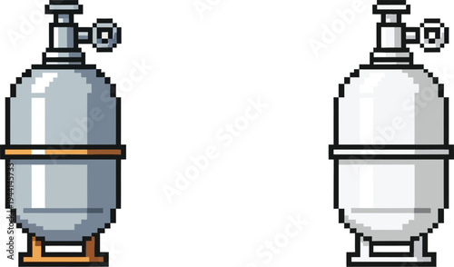Pixel art illustration of two industrial gas cylinders or tanks, one grey and one white, with valves on top.