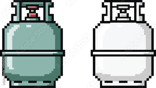 Pixel art illustration of two gas cylinders, one teal and one white, used for propane or other compressed gases.