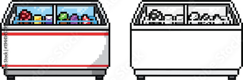 Pixel art illustration of two display freezers, one filled with colorful ice cream scoops and the other a generic empty case.