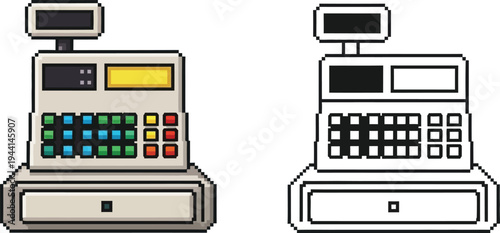 Pixel art illustration of a retro cash register with colorful buttons and a display, presented alongside its black and white outline version.