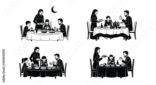 Family breaking fast together during ramadan a black and white illustration