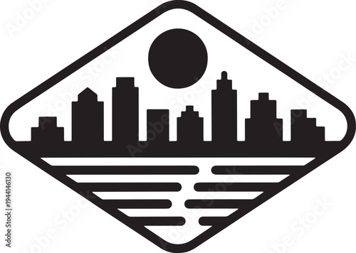 Diamond shaped city skyline badge with sun and water reflections in modern geometric art style