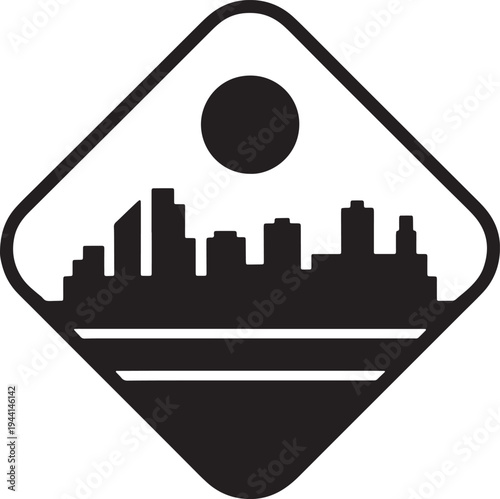 Geometric city skyline silhouette inside rhombus frame with bold water reflection and circle