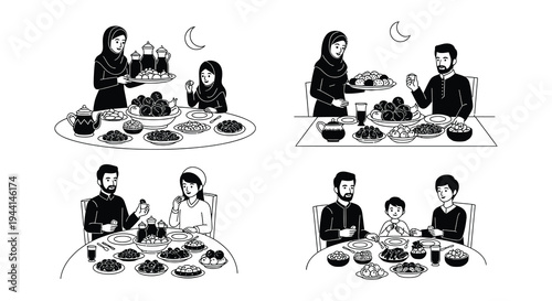 Family breaking fast together during ramadan a black and white illustration