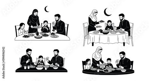Family breaking fast together during ramadan a black and white illustration