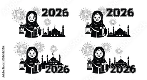 Celebratory design featuring a veiled woman and the year 2026
