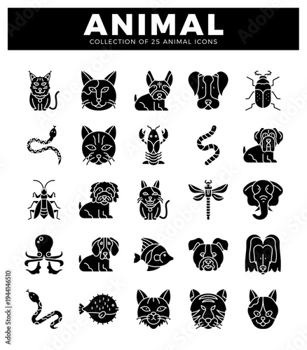 black animal icons on a white background. presented as a grid for graphic design.