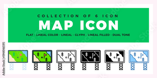 Collection of 6 Map Icons. Golf Course Map. Flat Lineal Color. Glyph. Lineal Filled. Dual Tone