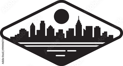 Urban skyline with full moon reflected in water a simple flat vector illustration background