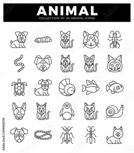 outline animal icons for design. Various cartoon animals and insects in a grid layout on white background. Simple line art graphics for digital and print.
