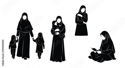 Black and white illustration of muslim women and children together