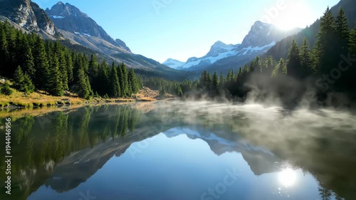 Serene mountain lake landscape with morning mist rising over perfectly still water reflecting snow-capped peaks evergreen forests, for peace pristine nature