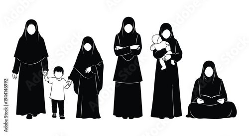 Black and white illustration of muslim women and children together