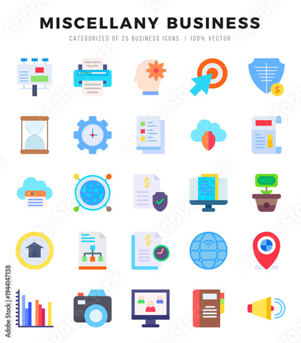 Collection of Miscellany Business 25 Flat Icons Pack.