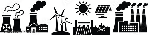 Energy production icons set with nuclear plant, wind turbines, solar panels, factory smokestacks, power station, renewable electricity concept