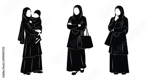 Black silhouettes depict various styles of traditional islamic women s clothing