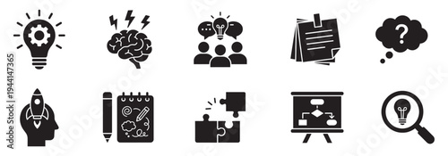 Idea, brainstorming, and creative process icon set. Innovation, teamwork, and planning concepts. Vector Illustration.