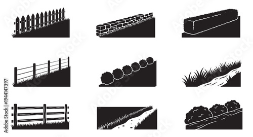 Collection of landscape design elements, fences, walls, hedges, and paths on slopes. Vector silhouettes. Vector Illustration.