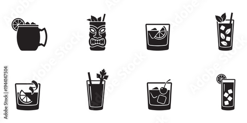 Diverse cocktails and mixed drinks in unique containers and glasses icon set. Tiki, copper mug, mohito, and negroni silhouettes. Vector Illustration.
