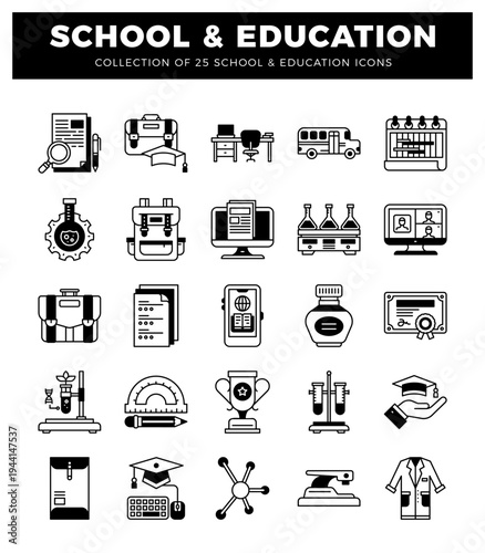 School and education icons including research. transport. and academic symbols. stylized vector graphics on white background.