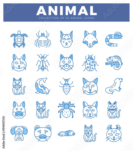 Blue line art animal icons collection on white background.