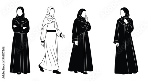 Four women wearing traditional hijabs and abayas in a monochrome style