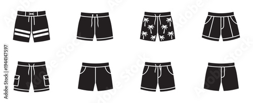 Men's swim trunks icon set. Beach shorts and swimwear symbols for summer vacation. Vector Illustration.