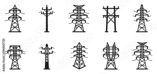 High voltage power line tower icon set. Electricity pylons and energy infrastructure symbols. Vector Illustration.