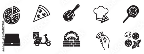 Pizza production and delivery icon set. Italian food, cooking and restaurant symbols. Vector Illustration.