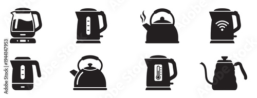 Electric Kettles and Teapots Household Appliances Icon Set. Vector Illustration.