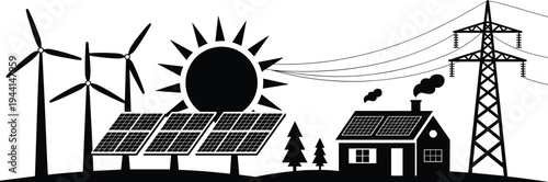 Renewable energy concept with wind turbines, solar panels, sun, power transmission tower supplying electricity to house, sustainable green energy illustration