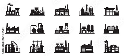 Industrial Buildings and Factory Manufacturing Icon Set. Vector Illustration.