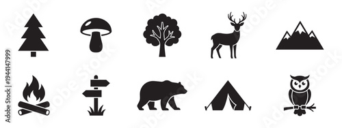 Nature Camping and Wild Animals Icon Set Vector. Vector Illustration.