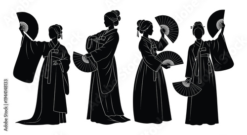 Silhouette of women in traditional japanese clothing holding fans