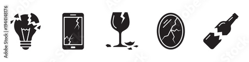 Broken fragile items icon set - cracked phone screen, lightbulb, glass, mirror and bottle symbols. Vector Illustration.