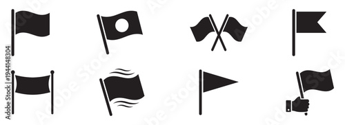 Flag and banner icons set - waving flag, target, crossed flags and pennant symbols. Vector Illustration.