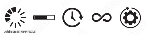 System loading and progress process icons - spinning wheel, bar, time, infinity and processing gear. Vector Illustration.