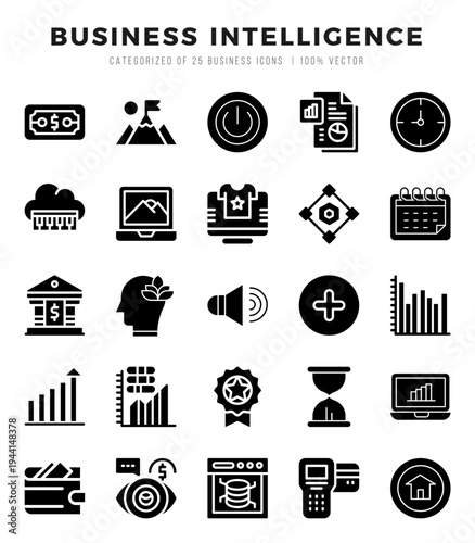 Collection of Business Intelligence 25 Glyph Icons Pack.