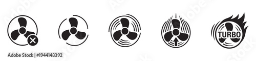 Cooling fan speed and turbo mode icons - ventilation power levels and cooling stages. Vector Illustration.