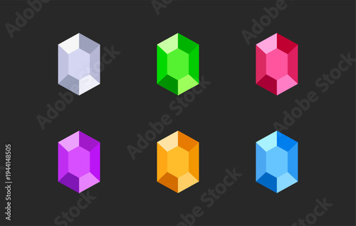 Colorful vector illustration of six faceted hexagonal gemstones arranged in two rows. Bright polished stones suitable for game design, icons, rewards, collectibles, UI elements, and decorative graphic