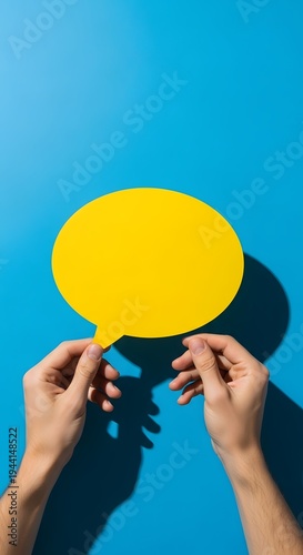 Creative hands thoughtfully present a vibrant yellow speech bubble against a bold blue backdrop, symbolizing innovative ideas, crucial dialogue, and modern communication concepts with visual impact