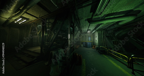 narrow service passage leading to abandoned control room, flickering green indicators, tangled cabling, oil stains, industrial silence, explorer narrative