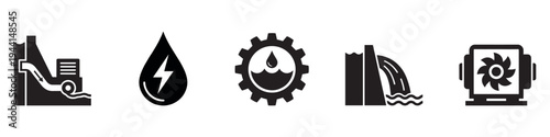 Hydroelectric Power and Clean Water Energy Icon Set – Flat Vector Icons for Renewable Energy, Technology, and Infrastructure. Vector Illustration.