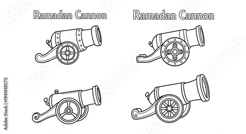 Line art illustration depicting traditional ramadan cannons for iftar timing